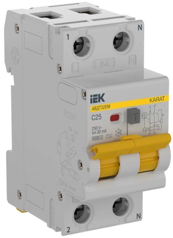 Купить KARAT Автоматический выключатель дифференциального тока АВДТ32EM 1P+N C25 30мА тип A IEK в Минске