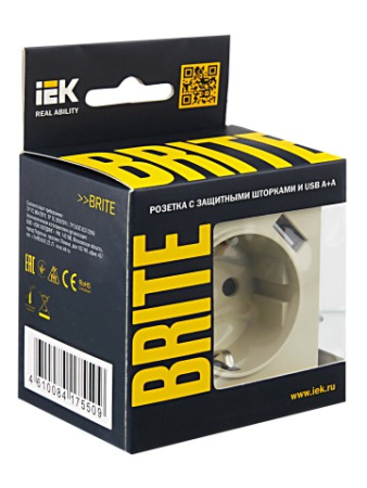 BRITE Розетка 1-местная с заземлением с защитными шторками 16А с USB A+A 5В 2,1А РЮш10-1-БрКр бежевый IEK