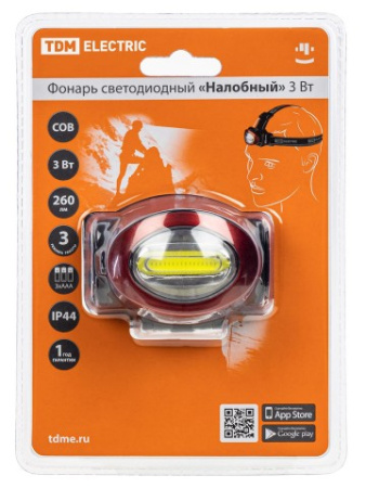 Фонарь светодиодный "Налобный" 3 Вт COB, 260 лм, бат. 3*AAA TDM