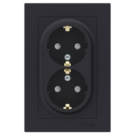 Розетка двойная с заземлением со шторками с рамкой Schneider Electric AtlasDesign ATN001026 Карбон