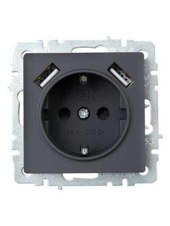 BRITE Розетка 1-местная с заземлением с защитными шторками 16А с USB A+A 5В 2,1А РЮш10-1-БрГ графит IEK
