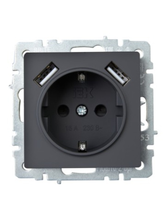 BRITE Розетка 1-местная с заземлением с защитными шторками 16А с USB A+A 5В 3,1А РЮш10-2-БрГ графит IEK