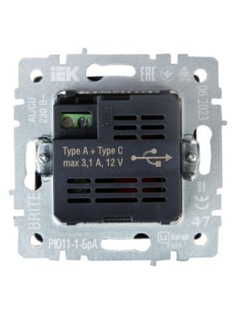 BRITE Розетка USB A+C 18Вт РЮ11-1-БрА алюминий IEK