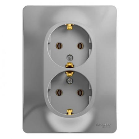 Розетка 2-местная, с заземлением без шторок с рамкой Schneider Electric Glossa GSL000324 Алюминий фото в интернет-магазине БелЭлектрикМонтаж