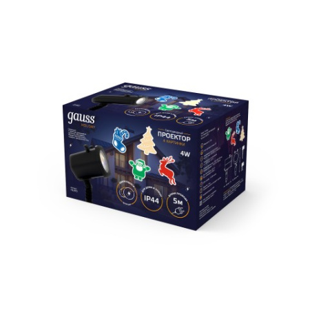 Проектор светодиодный 4 картинки Gauss серия Holiday, анимированные картинки Дед Мороз, Рождественский Олень, Подарки, Ёлка, IP44, 1/30