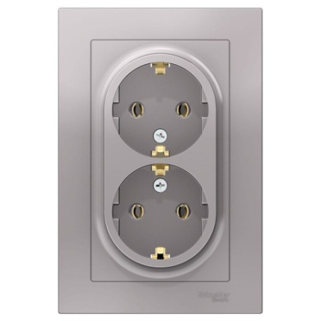 Розетка двойная с заземлением без шторок с рамкой Schneider Electric AtlasDesign ATN000324 Алюминий фото в интернет-магазине БелЭлектрикМонтаж