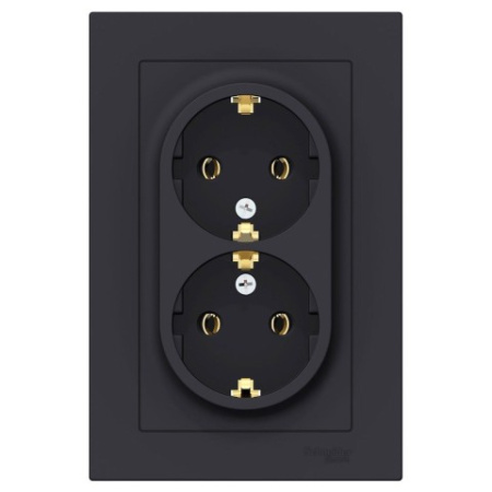 Розетка двойная с заземлением без шторок с рамкой Schneider Electric AtlasDesign ATN001024 Карбон фото в интернет-магазине БелЭлектрикМонтаж