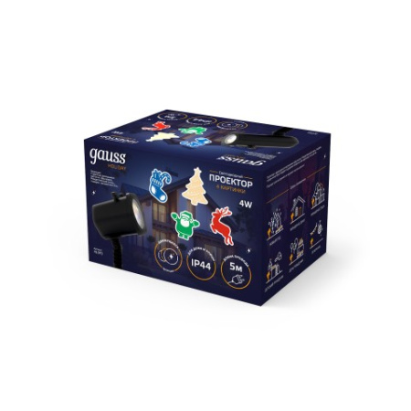 Проектор светодиодный 4 картинки Gauss серия Holiday, анимированные картинки Дед Мороз, Рождественский Олень, Подарки, Ёлка, IP44, 1/30