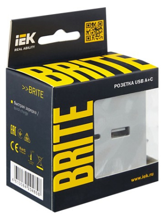 BRITE Розетка USB A+C 18Вт РЮ11-1-БрА алюминий IEK